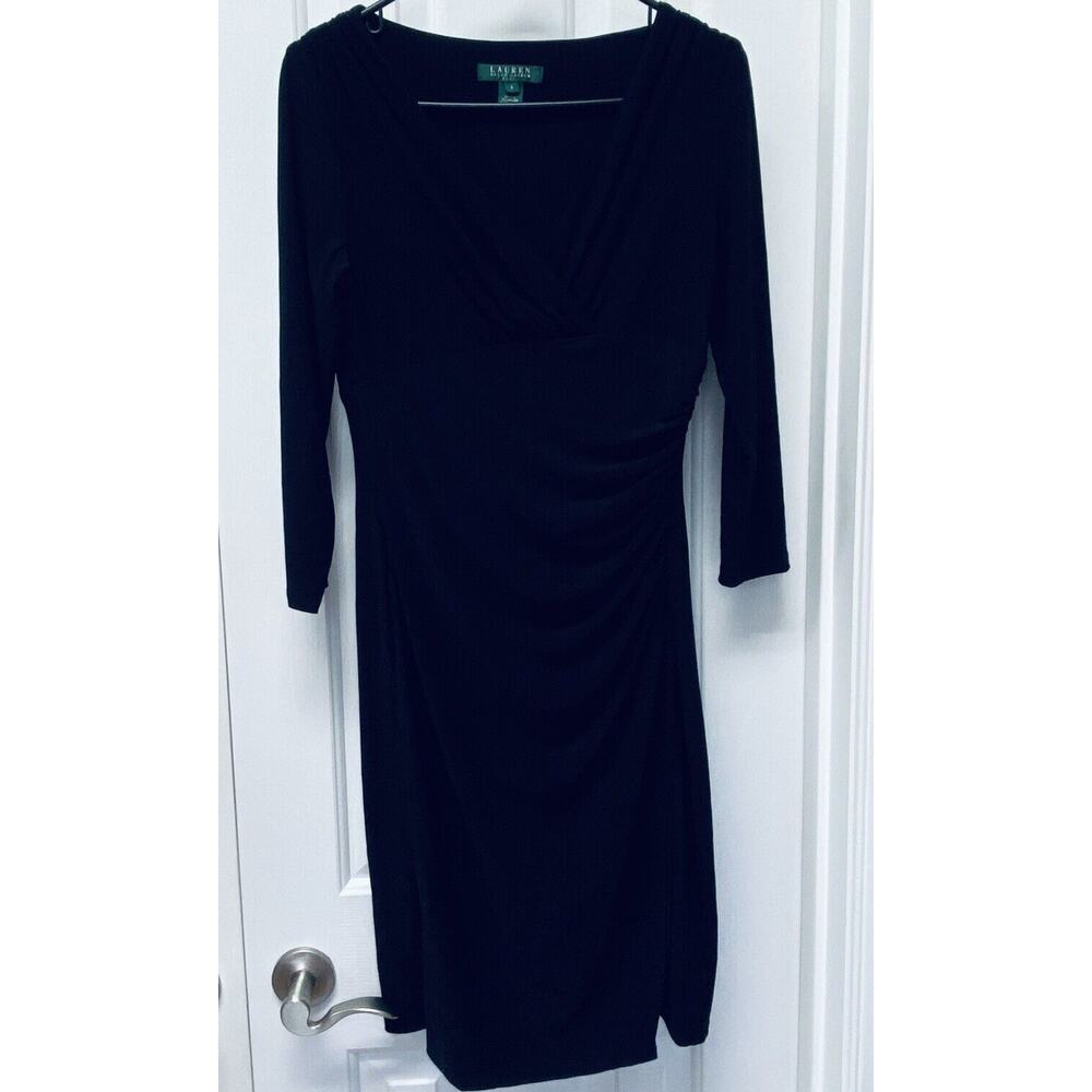 Lauren Ralph Lauren Black Dress Size 6 Ruched Long Sleeve Funeral Solid Cocktail